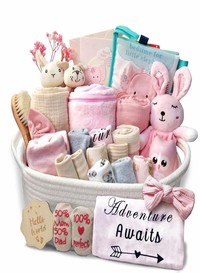 Kipwake 27-Piece Baby Girl Shower Gift Basket Set - Newborn Essentials, Large Pink Gift Basket With Rattle, Swaddle, Diaper Caddy Organizer - Image 1
